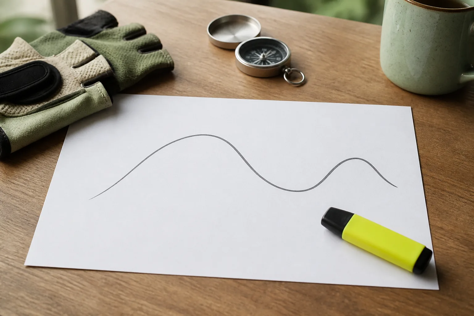 Printed elevation profile on a desk with a highlighter marking steep pitches, touring gloves and a compass nearby, cool daylight, 1200x800