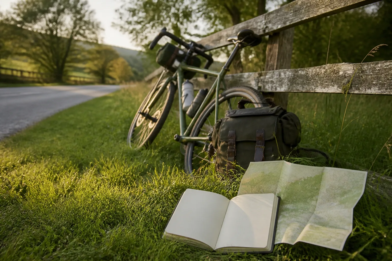 Touring bicycle leaning on a fence beside an open notebook and folded map on a quiet roadside verge, late afternoon light, 1920x1080