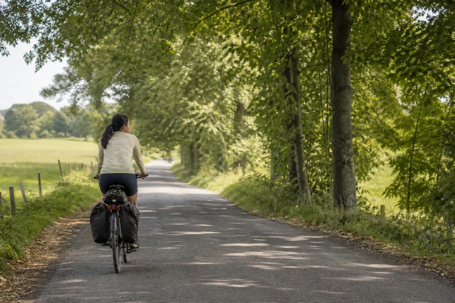 Cyclist on a quiet tree-lined farm lane with light traffic, soft green canopy and filtered sun patches on the asphalt, 1200x800