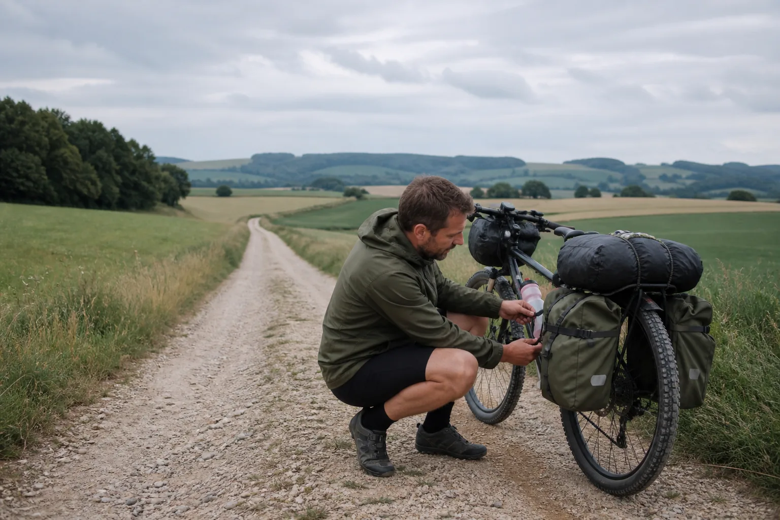 Loaded touring bicycle with low rack bags on a gravel connector through open fields, rider adjusting a strap, soft overcast sky, 1200x800