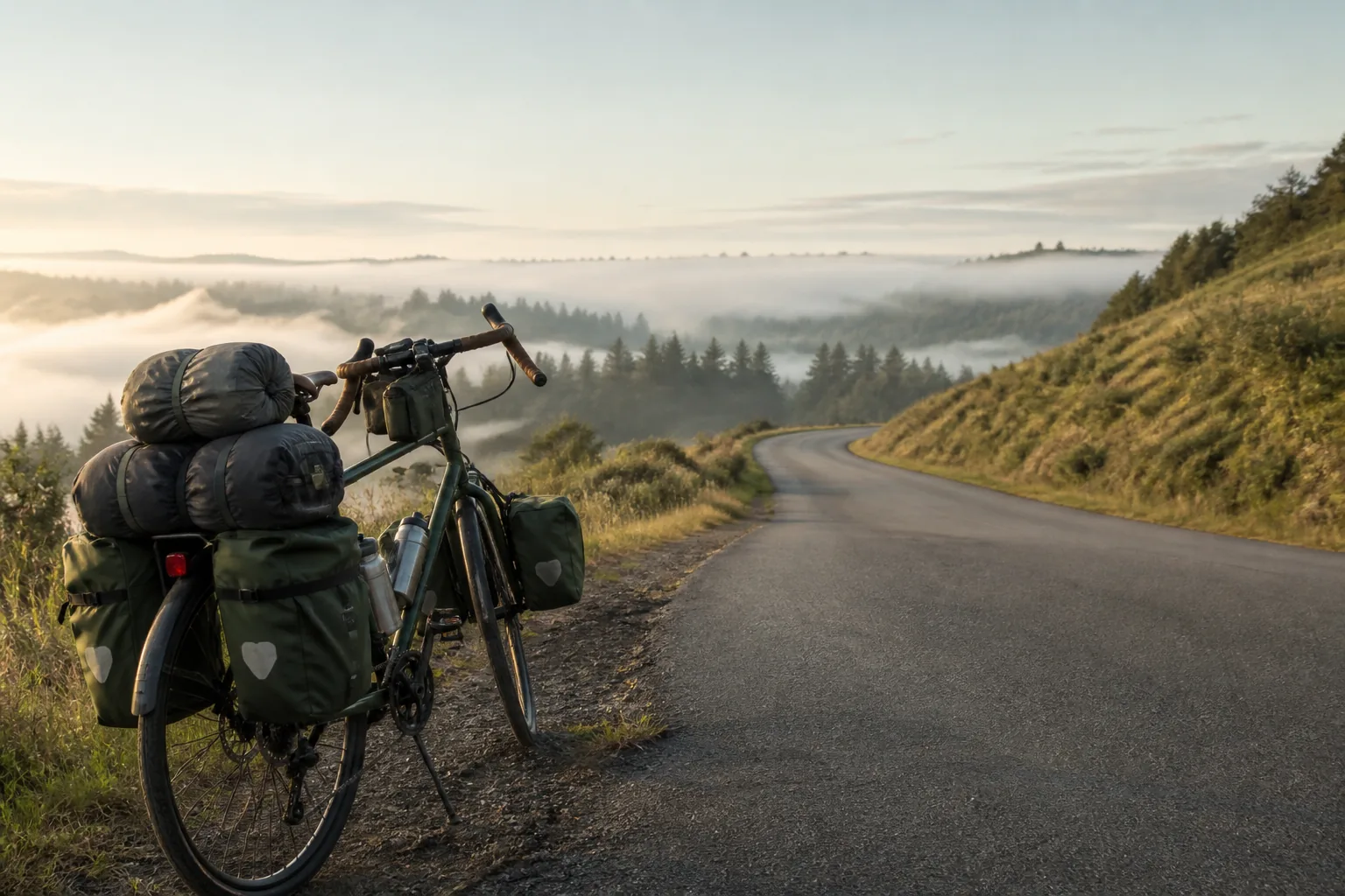 Loaded touring bicycle on a quiet ridge road at soft morning light, low mist in the valley below, distant tree line, empty asphalt curving ahead, cool olive and gold tones, 1920x1080
