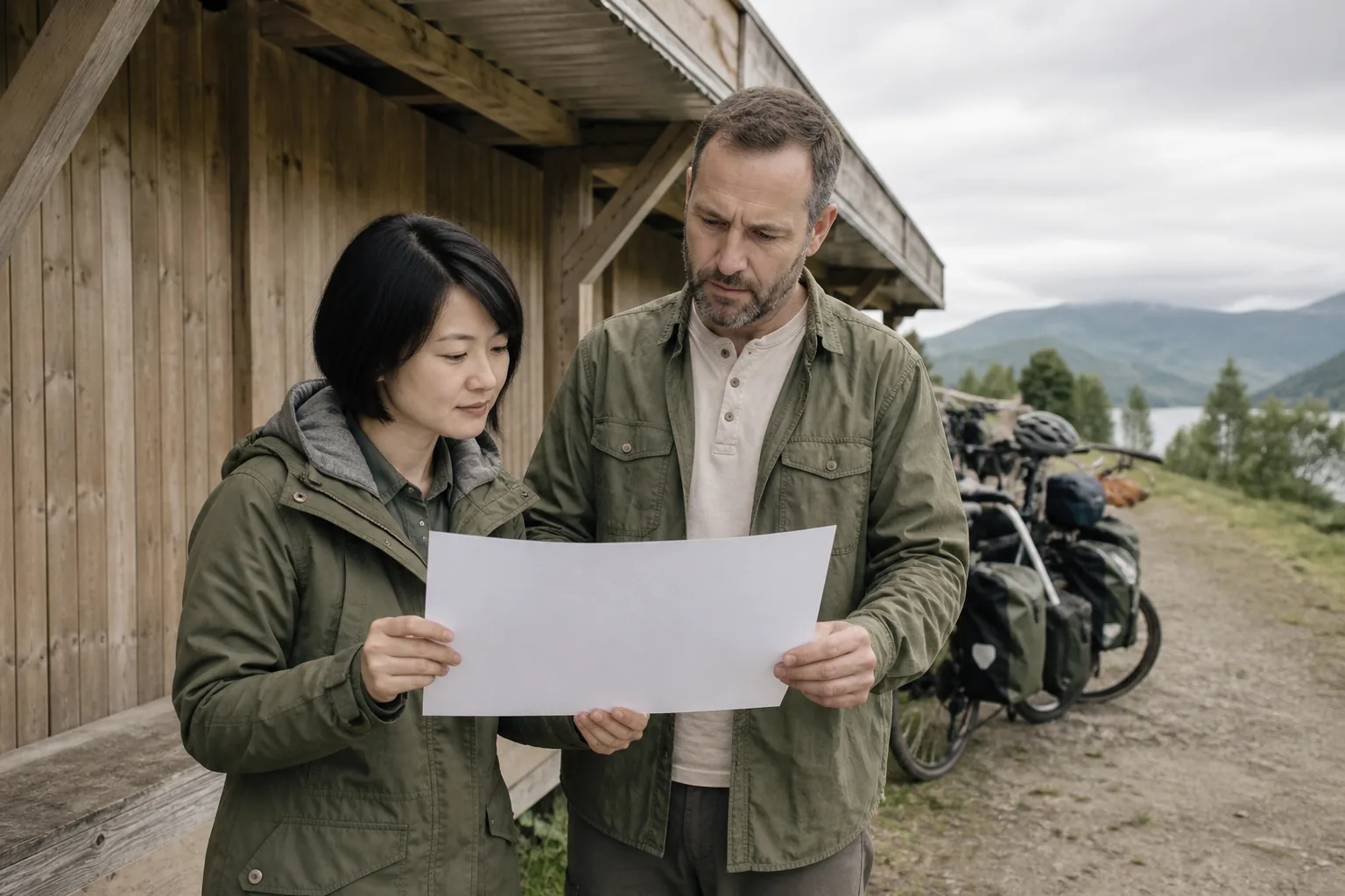 Two people reviewing a printed route sheet beside a wooden bike shed with touring bicycles parked under an awning, overcast soft light, 1200x800