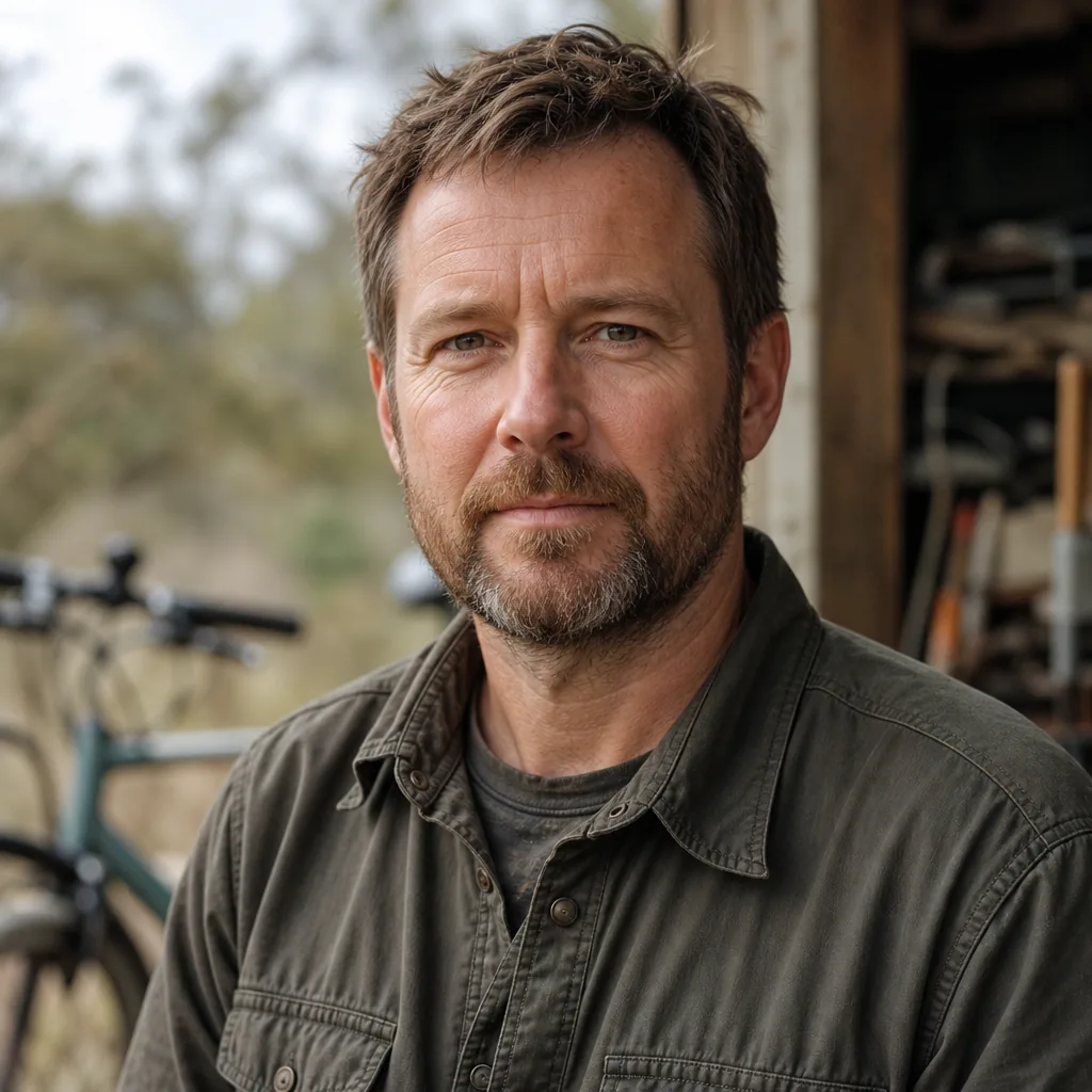 Otto Fielder, field mechanic with short beard and focused look, workshop-adjacent outdoor setting, practical layered shirt, 400x400