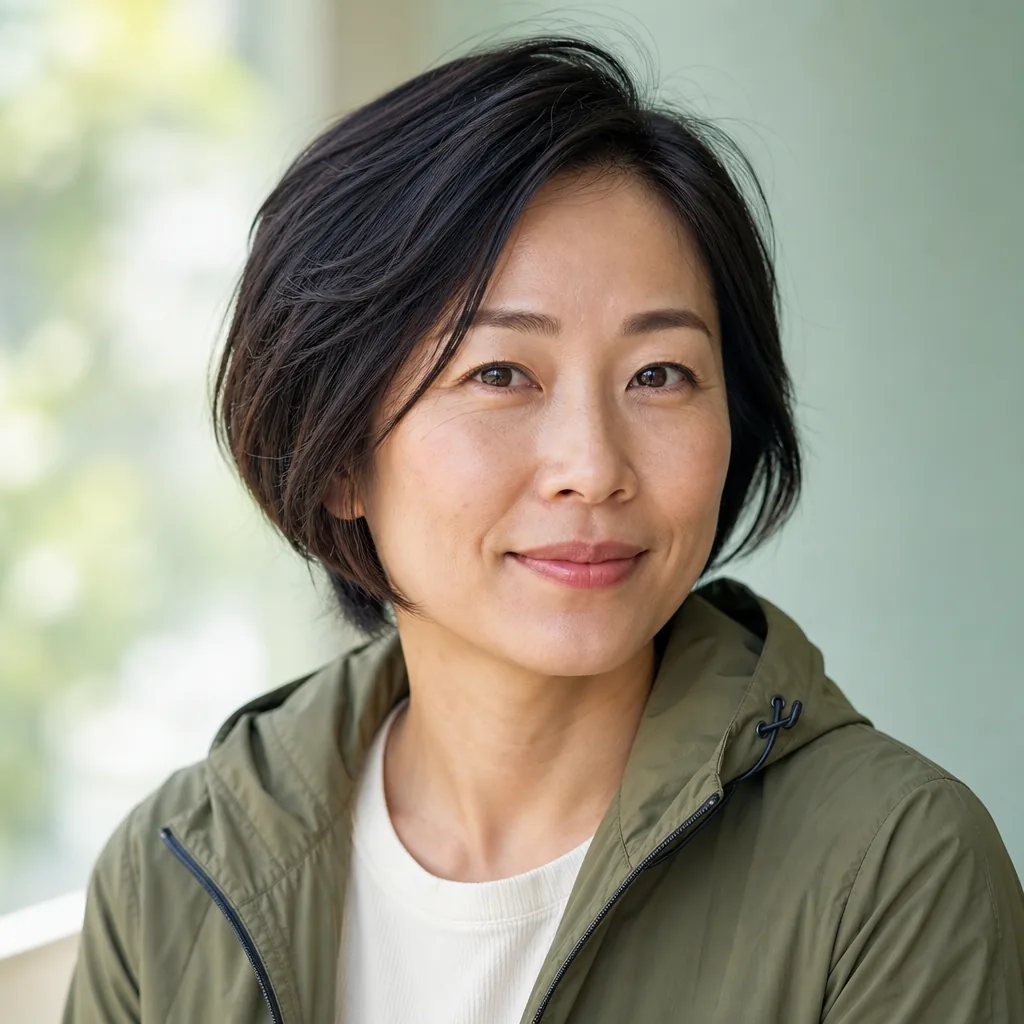 Vera Okada, route planner with short dark hair and calm expression, soft natural window light, olive travel jacket, 400x400