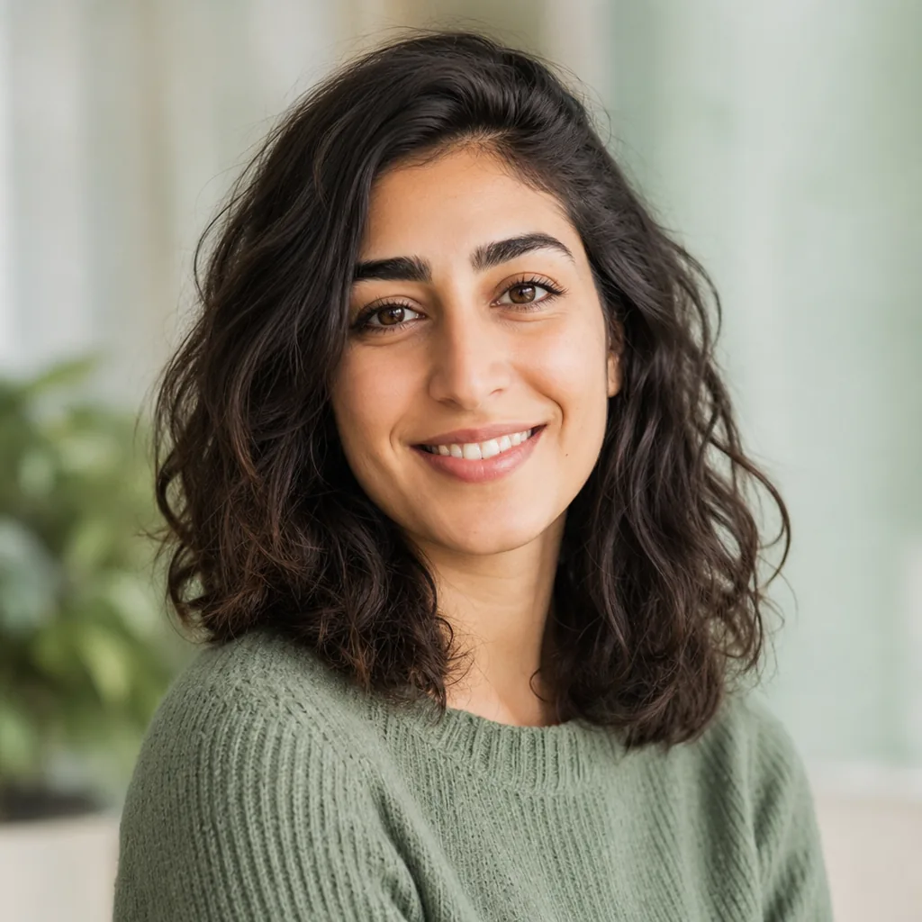 Yara Quill, gear specialist with shoulder-length hair and warm smile, soft daylight portrait, muted green sweater, 400x400