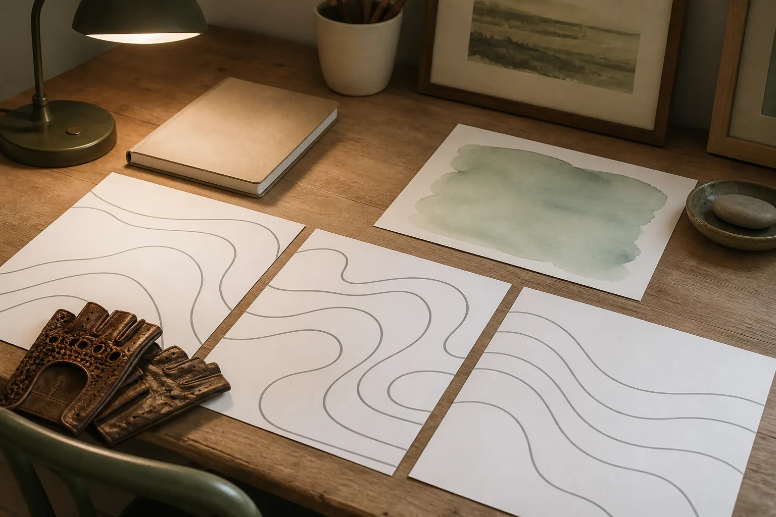 Planning table with printed elevation profiles, a touring map, notebook, and bicycle gloves under warm desk light, quiet studio atmosphere, 1920x1080